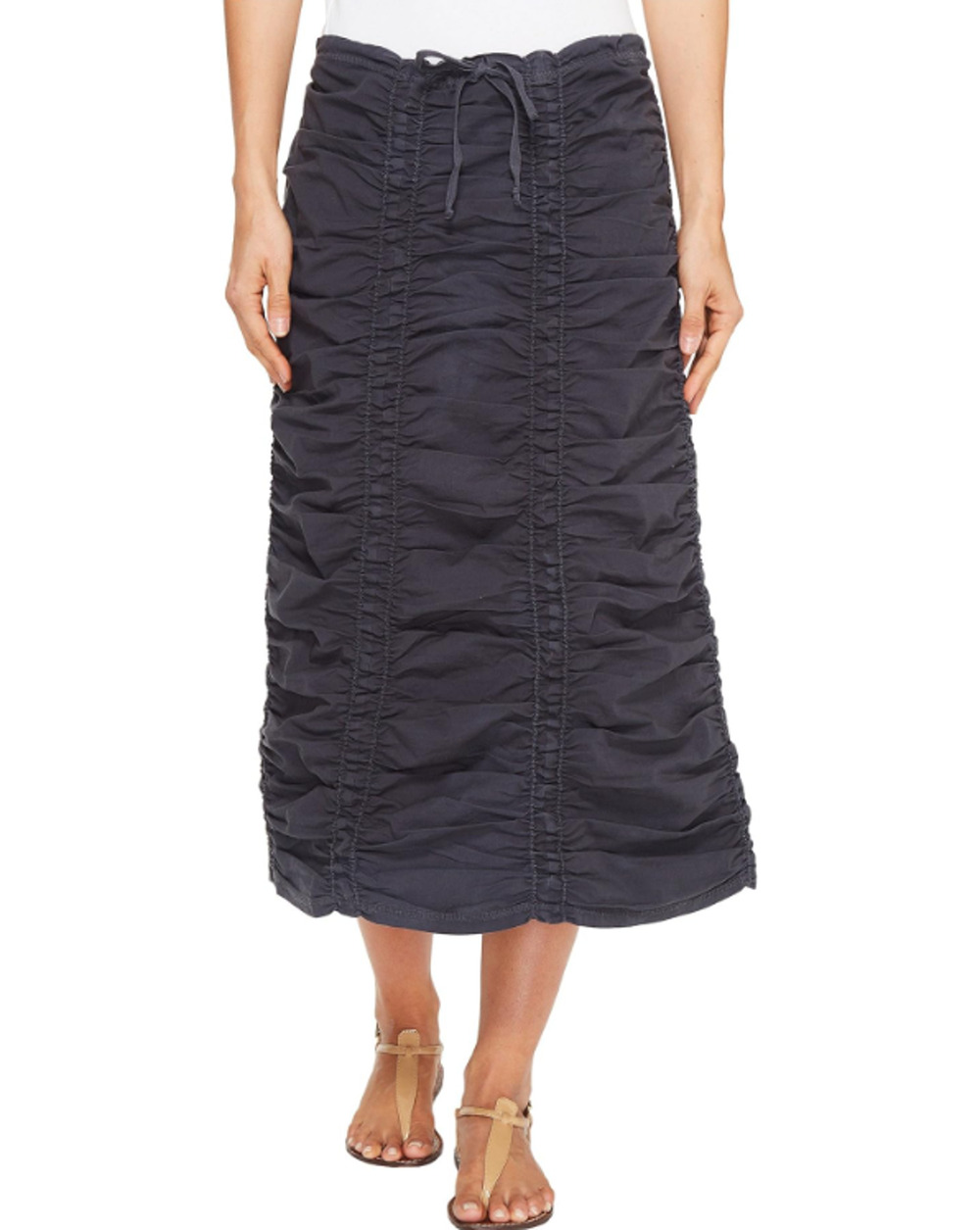 XCVI Double Shirred Panel Midi Skirt Large Charcoal Grey Stretch Poplin NWT